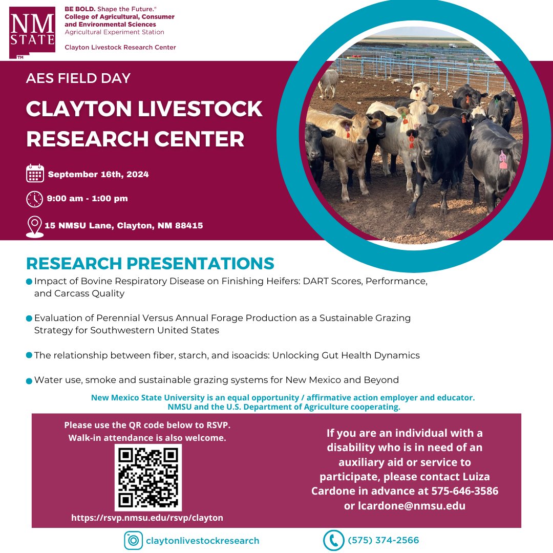 On September 16th, the Clayton Livestock Research Center will be hosting its annual field day. Registration starts at 9:00 am. Join us to listen to the research presentations and research updates from the Center. Lunch will be provided, the event is free and open to the public.