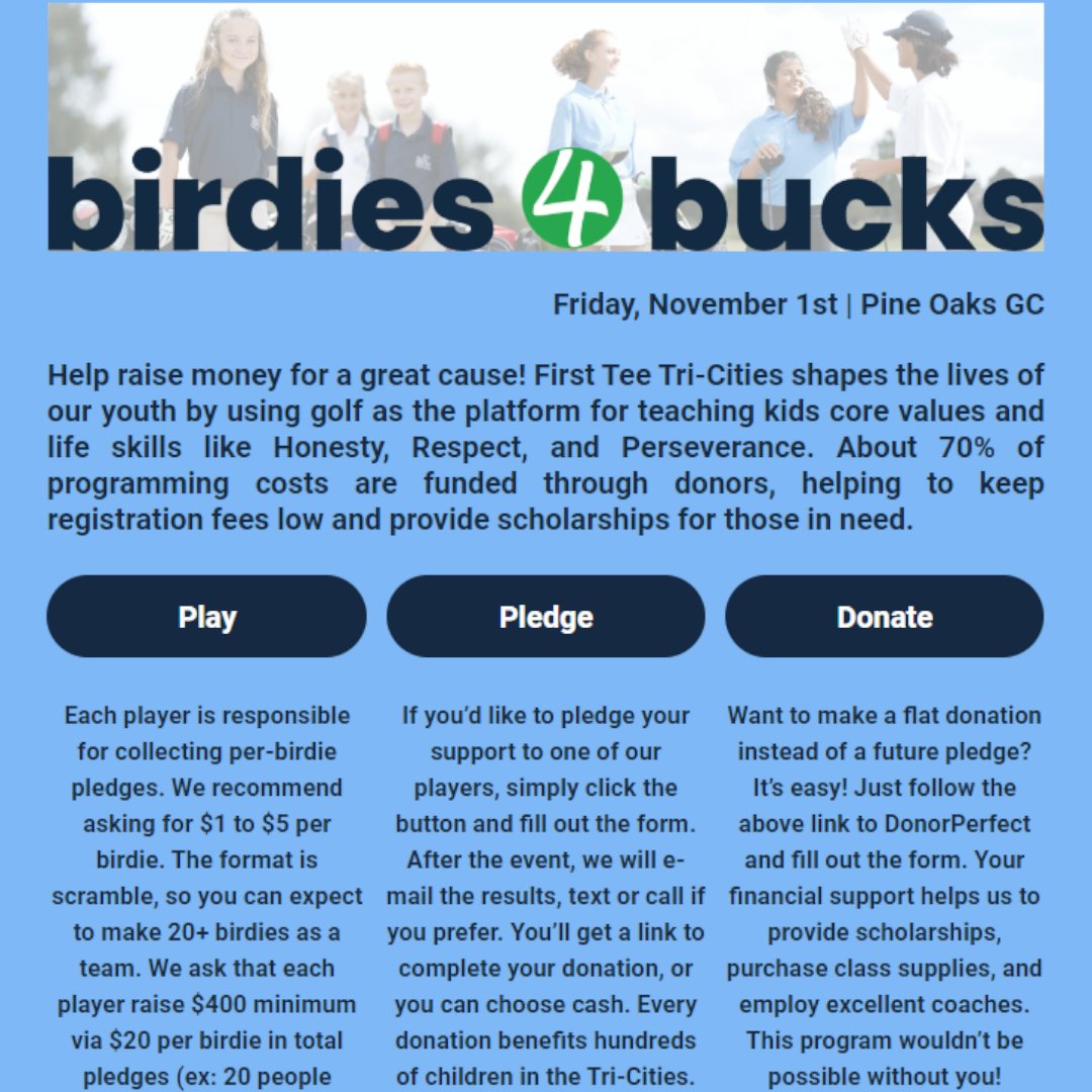 Birdies 4 Bucks is back! Want to be involved? Visit firstteetennessee.org/b4b/

Check out the September Newsletter for more... conta.cc/4g6y1db

#golf4life #firstteetricities