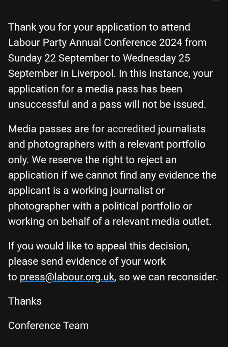 Dagmar Seeland (@dseeland) on Twitter photo Hey <a href="/UKLabour/">The Labour Party</a> why have you just denied most FPA members accreditation to the Labour Party Conference? Those are respected correspondents you’ve sent this insulting rejection letter to. Not the way to “improve the UK’s relationship with Europe” <a href="/FPALondon/">Foreign Press Association in London</a> Hey <a href="/UKLabour/">The Labour Party</a> why have you just denied most FPA members accreditation to the Labour Party Conference? Those are respected correspondents you’ve sent this insulting rejection letter to. Not the way to “improve the UK’s relationship with Europe” <a href="/FPALondon/">Foreign Press Association in London</a>