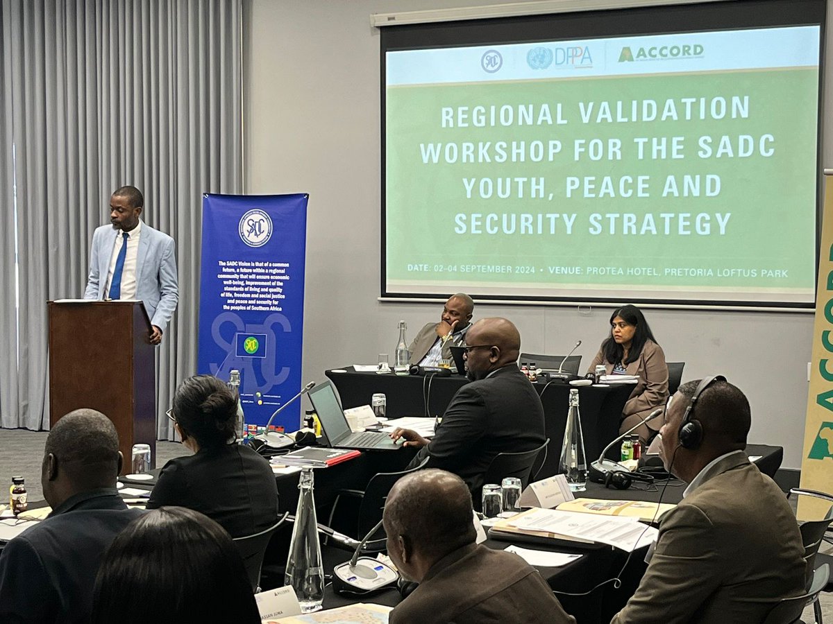 ACCORD_online's tweet photo. ACCORD, in collaboration w/@SADC_News  &amp; @UNDPPA is hosting a 3-day validation workshop for the SADC #YPS Strategy. The workshop aims to strengthen coordination among #SADC Member States &amp; explore practical strategies for advancing the YPS agenda both regionally &amp; nationally. https://t.co/0kxj4poK9t