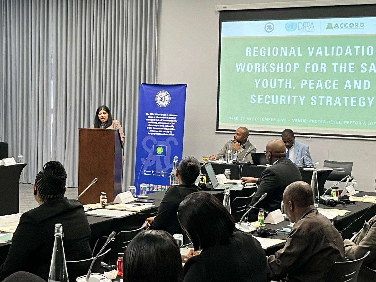 ACCORD_online's tweet photo. ACCORD, in collaboration w/@SADC_News  &amp; @UNDPPA is hosting a 3-day validation workshop for the SADC #YPS Strategy. The workshop aims to strengthen coordination among #SADC Member States &amp; explore practical strategies for advancing the YPS agenda both regionally &amp; nationally. https://t.co/0kxj4poK9t
