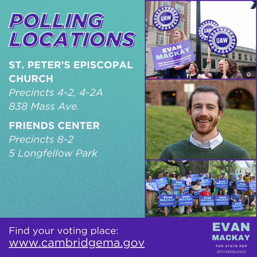 Polls for the 25th Middlesex Democratic Primary close at 8 PM. Here are the polling locations!

Find your polling place and vote today:

cambridgema.gov