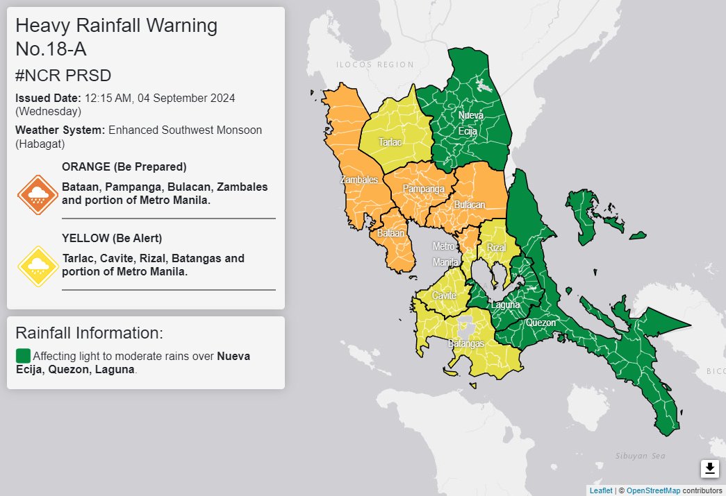 dost_pagasa's tweet photo. Heavy Rainfall Warning No. 18-A #NCR_PRSD
Weather System: Enhanced Southwest Monsoon (Habagat)
Issued at: 12:15 AM, 04 September 2024(Wednesday)

ORANGE WARNING LEVEL: Bataan, Pampanga, Bulacan, Zambales and Metro Manila(Manila, Valenzuela, Malabon, Caloocan, Navotas, Quezon City, Marikina, San Juan).
ASSOCIATED HAZARD: FLOODING is still THREATENING.

YELLOW WARNING LEVEL: Tarlac, Cavite, Rizal, Batangas and Metro Manila(Pasay, Mandaluyong, Makati, Pasig, Pateros, Taguig, Paranaque, Las Pinas, Muntinlupa).
ASSOCIATED HAZARD: FLOODING in flood-prone areas.
Meanwhile, light to moderate rains affecting Nueva Ecija, Quezon and Laguna which may persist within 3 hours.
The public and the Disaster Risk Reduction and Management Offices concerned are advised to MONITOR the weather condition and watch for the next warning to be issued at 2:00 AM today.

For more information and queries, please call telephone numbers 8927-1335 and 8927-2877 or log on to https://t.co/59mTpZJq1n.