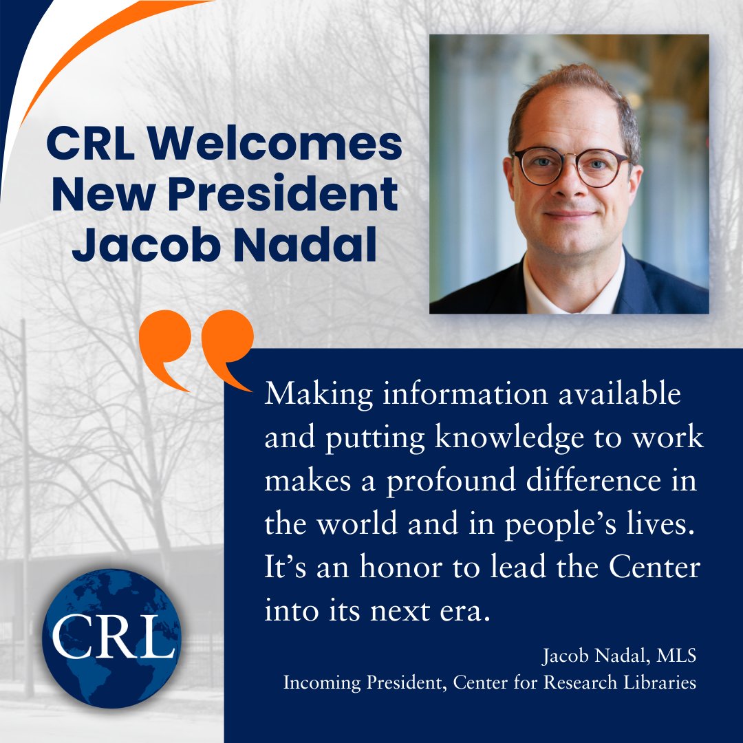 <a href="/CRL_Global/">Center for Research Libraries</a> is excited to announce its new president Jacob Nadal! 

Jake will be taking the helm at CRL effective November 18, 2024.

👉 More info at crl.edu/news/crl-welco…