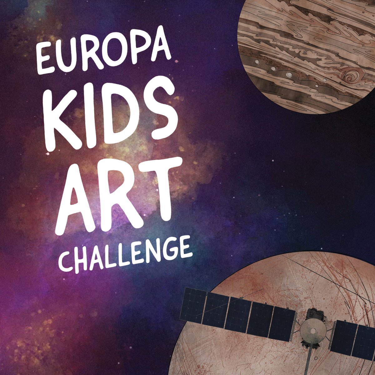 EuropaClipper's tweet image. Picture this: what might exist below Europa&apos;s surface? If you know creative kids, encourage them to submit to our new art challenge. Entries submitted by Sept. 30 may be featured online or during the launch broadcast in October! Get the full picture: go.nasa.gov/ArtChallenge