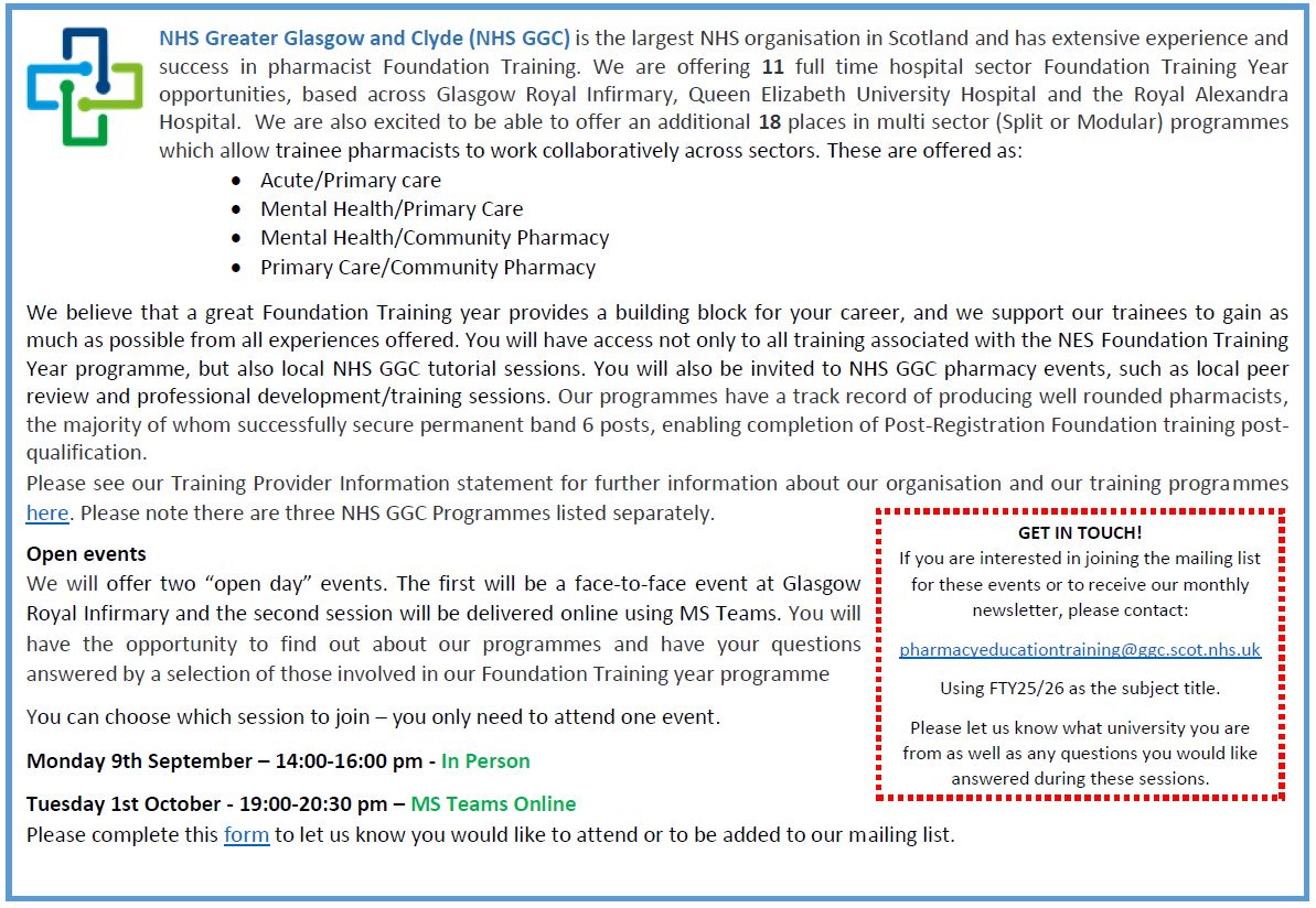 NHSGGC - Pharmacy Services (@nhsggcpharmacy) on Twitter photo Are you a student pharmacist considering your options for Foundation Training Year 2025/2026? If you are looking for a supportive & exciting environment for FTY come along to our information session on Monday 9th September to find out more <a href="/NES_Pharmacy/">NES Pharmacy</a> <a href="/RGUSPASPH/">Pharmacy, Applied Sciences & Public Health RGU</a> <a href="/SIPBS_Strath/">StrathPharm&Bio</a> Are you a student pharmacist considering your options for Foundation Training Year 2025/2026? If you are looking for a supportive & exciting environment for FTY come along to our information session on Monday 9th September to find out more <a href="/NES_Pharmacy/">NES Pharmacy</a> <a href="/RGUSPASPH/">Pharmacy, Applied Sciences & Public Health RGU</a> <a href="/SIPBS_Strath/">StrathPharm&Bio</a>