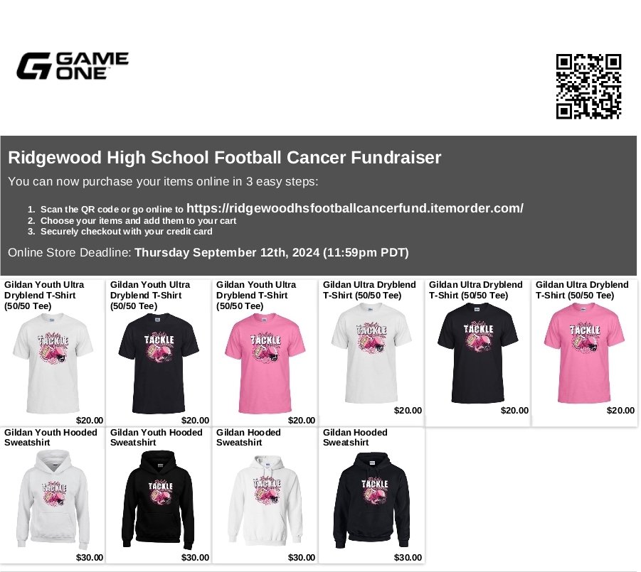 Ridgewood Rebels Football Team Stores!

Football Team Spirit Clothing Store Will Close Tonight.

Football Team Tackle Cancer Store Is Now Open.

Click The Links To Order Today.

Tackle Cancer Clothing: …oodhsfootballcancerfund.itemorder.com/shop/home/

Spirit Clothing: ridgewoodhs-football.itemorder.com