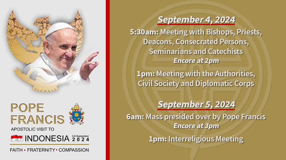 Tune in to CFN's complete coverage of Pope Francis' historic trip to Southeast Asia and Oceania beginning tomorrow with his first stop in Indonesia. Available on your local cable providers, streaming devices &amp; the CFN app. You can also watch live at CFNtv.org.