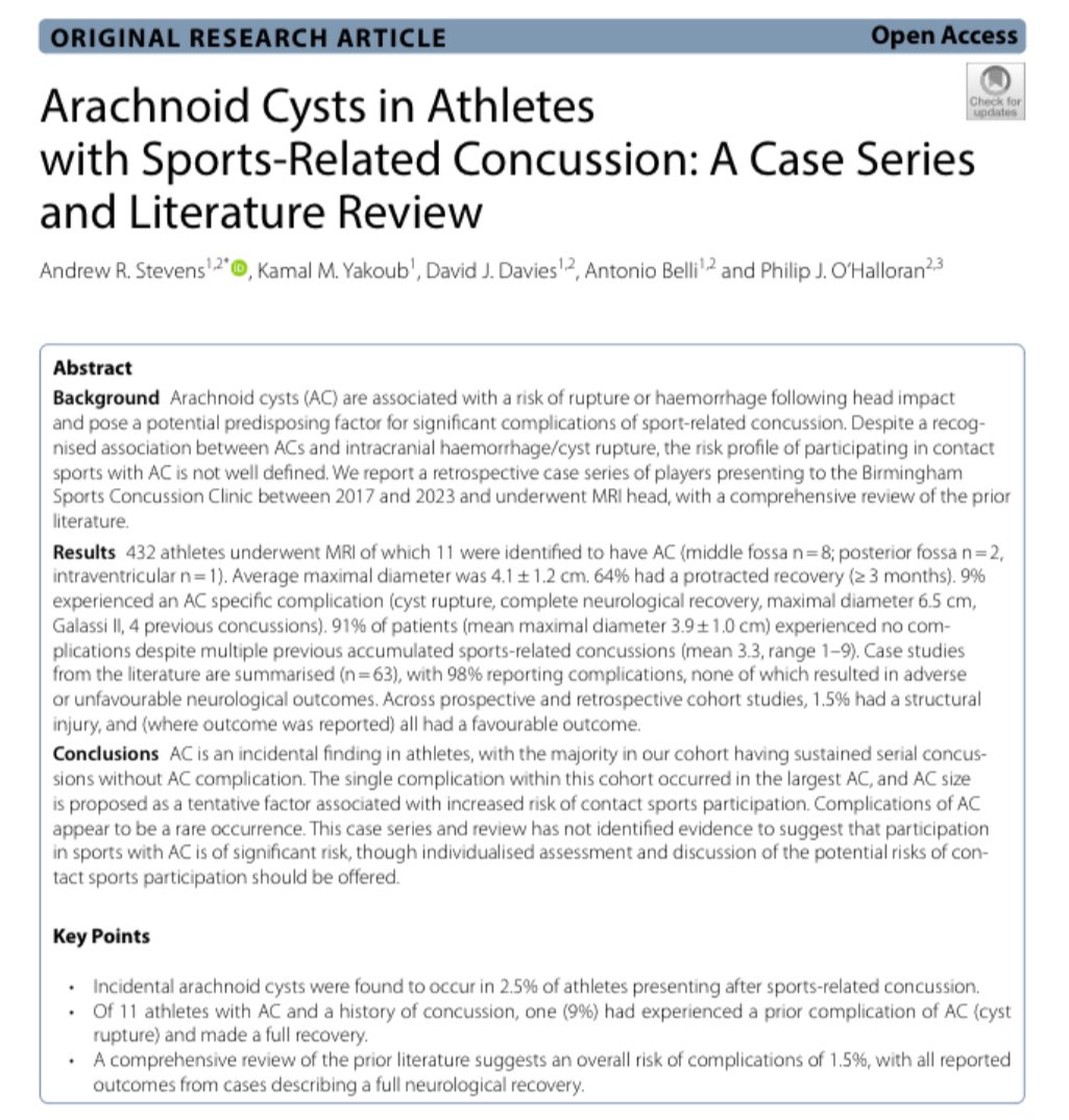 Andrew Stevens (@andrewrstevens) on Twitter photo New paper on managing athletes with incidental arachnoid cysts, a challenging but common situation in sports concussion
rdcu.be/dSMol <a href="/philohalloran/">Phil O'Halloran</a> <a href="/belli_brain/">Tony Belli</a> Great timing for presenting this tomorrow <a href="/INTS2024/">INTS 2024</a> in the Sports Concussion plenary! New paper on managing athletes with incidental arachnoid cysts, a challenging but common situation in sports concussion
rdcu.be/dSMol <a href="/philohalloran/">Phil O'Halloran</a> <a href="/belli_brain/">Tony Belli</a> Great timing for presenting this tomorrow <a href="/INTS2024/">INTS 2024</a> in the Sports Concussion plenary!