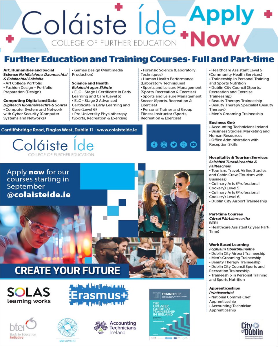 Not sure what you're doing this September? Well lucky you! We still have a number of places open for the courses listed here 😎
Apply online at colaisteide.ie and create your future today 🥳
#FurtherEducation #september2024 #apprenticeships #createyourfuture #ApplyNow