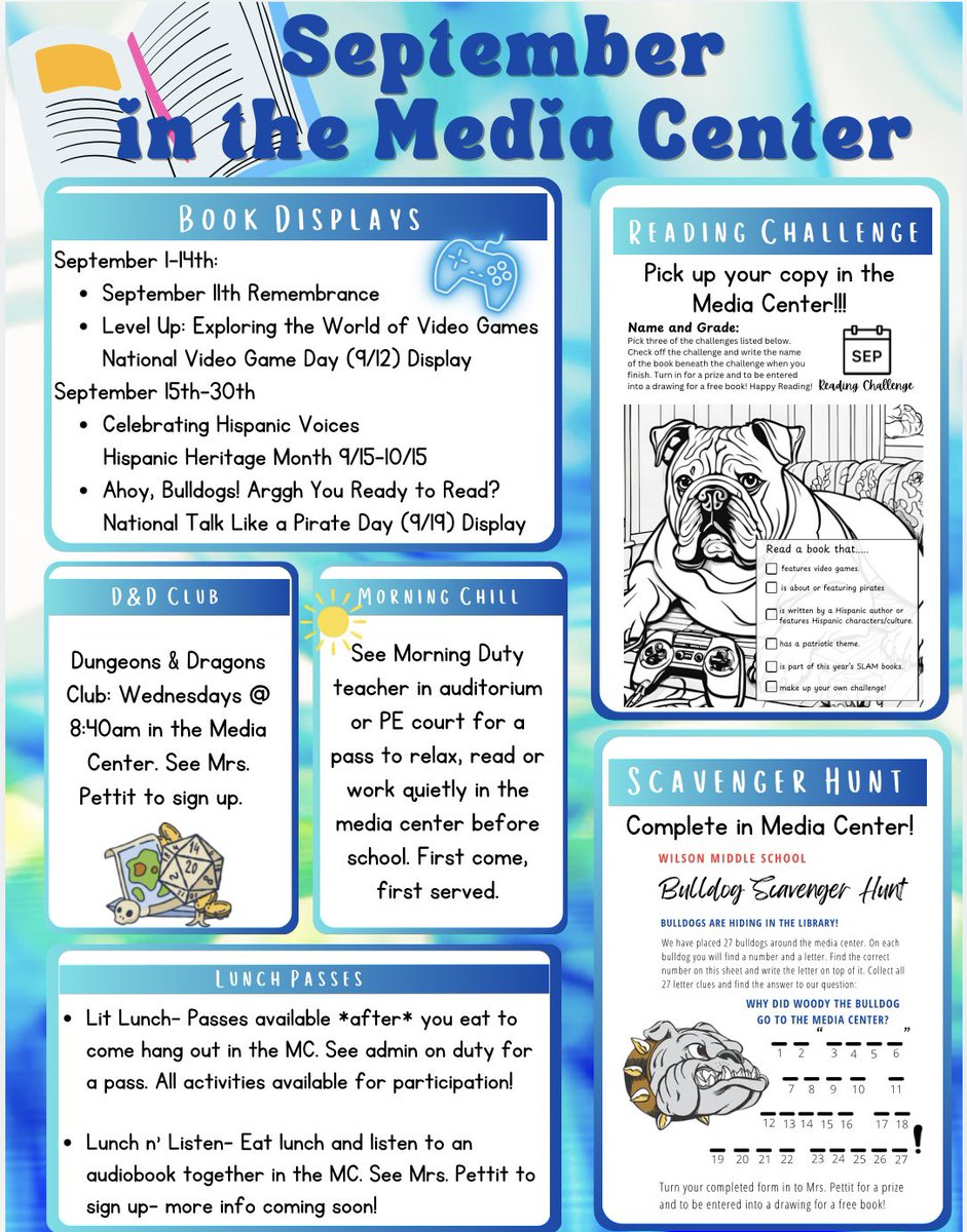 Kat Pettit (@thefestivelibrn) on Twitter photo Happy September Bulldogs! Check out all the fun activities going on in the Media Center this month! ๐๐๐คฉ<a href="/WWMSBulldogs/">Wilson Middle School</a> Happy September Bulldogs! Check out all the fun activities going on in the Media Center this month! ๐๐๐คฉ<a href="/WWMSBulldogs/">Wilson Middle School</a>