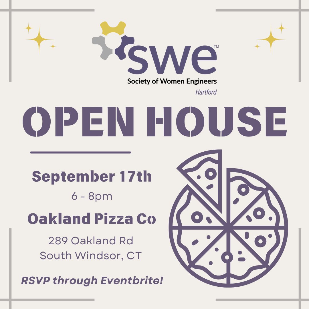 ✯ SWE Hartford Open House ✯
When: September 17th, 2024 (6pm - 8pm)
Where: Oakland Pizza Co (289 Oakland Rd, South Windsor, CT)
We're asking our Professional members for a minimum donation of $10. 
RVSP here: 
eventbrite.com/e/swe-hartford…