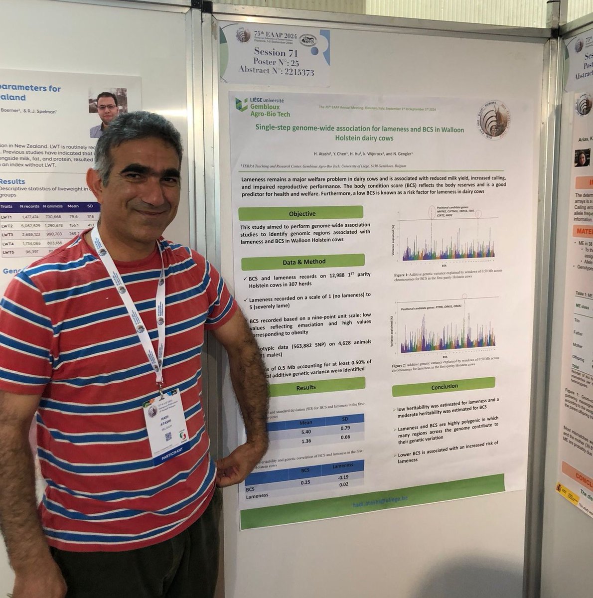 Nicolas Gengler (@nicogengler) on Twitter photo #eaap2024 <a href="/AgroBioTech/">Gembloux Agro-Bio Tech</a> <a href="/UniversiteLiege/">Université de Liège</a>
<a href="/AtashiHadi/">خاموش</a> presenting a poster with GWAS results on welfare related traits lameness and BCS #eaap2024 <a href="/AgroBioTech/">Gembloux Agro-Bio Tech</a> <a href="/UniversiteLiege/">Université de Liège</a>
<a href="/AtashiHadi/">خاموش</a> presenting a poster with GWAS results on welfare related traits lameness and BCS