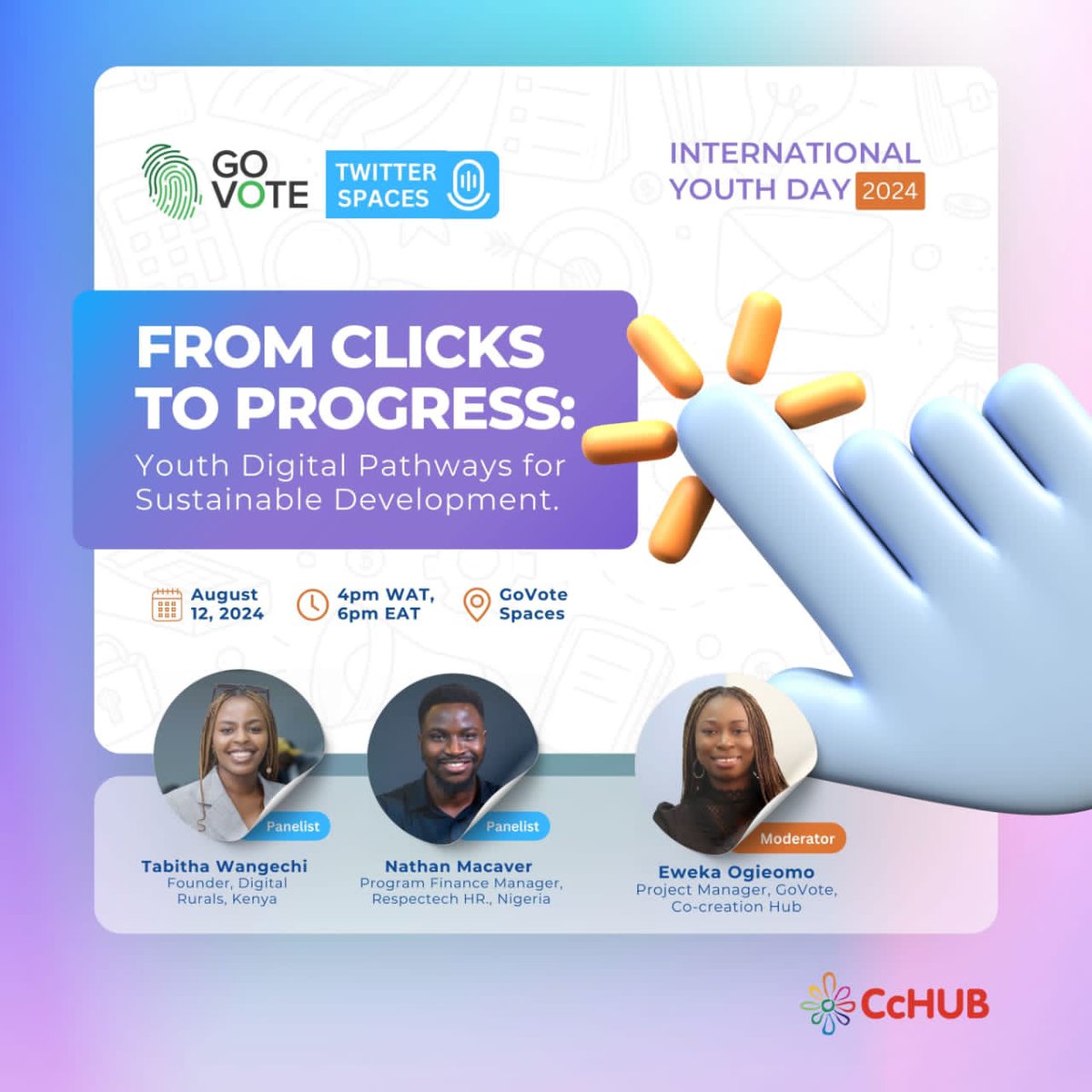 GovoteNg's tweet image. If you missed our #InternationalYouthDay event, here are snippets from the speakers.

According to Wangechi @DigitalRurals, the disparity in digital connectivity in Africa is due to the expensive subscription fee by network providers. Affordable internet connectivity will.. 1/4