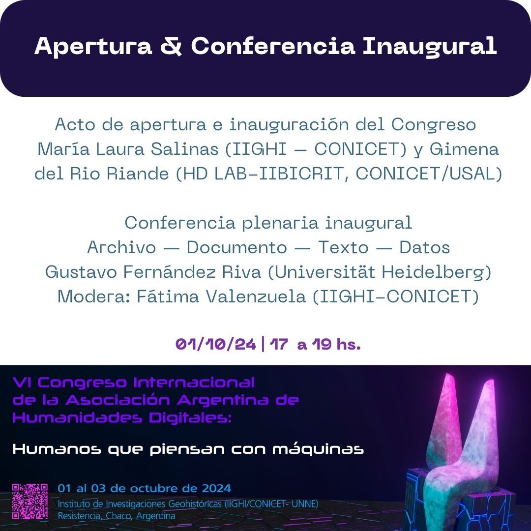 Asociación Argentina de Humanidades Digitales (@aahdarg) on Twitter photo ¡No te pierdas las ponencias del 3/10 del Congreso Internacional de la AAHD junto a <a href="/IIGHIChaco/">Instituto de Investigaciones Geohistóricas - IIGHI</a>!
Si querés conocer todo el Programa accede a buff.ly/4dqyvco
#CongresoAAHD2024 ¡No te pierdas las ponencias del 3/10 del Congreso Internacional de la AAHD junto a <a href="/IIGHIChaco/">Instituto de Investigaciones Geohistóricas - IIGHI</a>!
Si querés conocer todo el Programa accede a buff.ly/4dqyvco
#CongresoAAHD2024