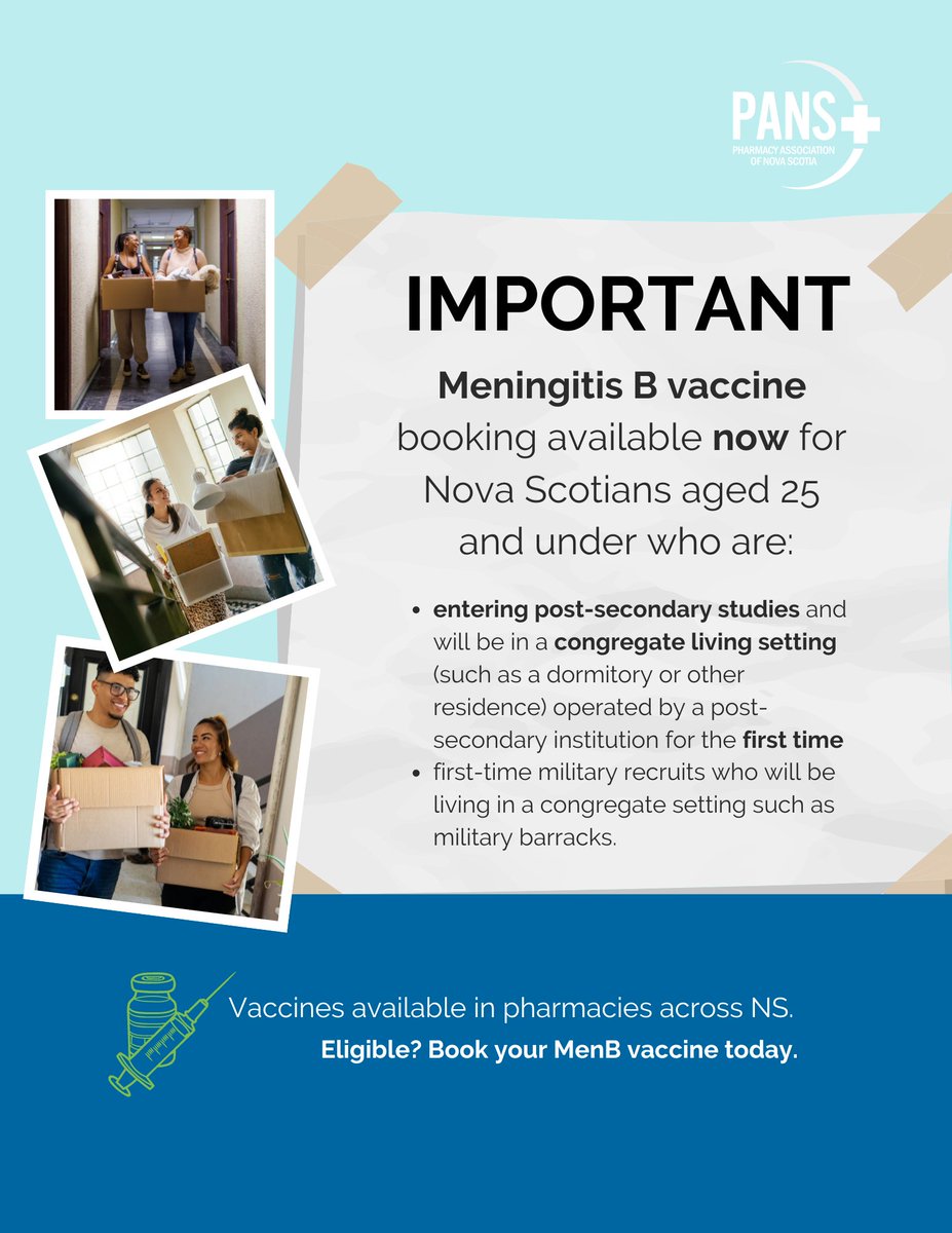 Moving into residence? Protect yourself! Make an appointment online for a Meningitis B vaccine: novascotia.flow.canimmunize.ca/en/meningitis-…