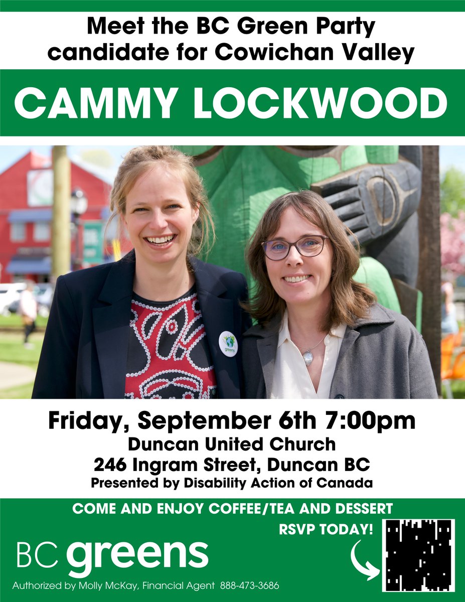 Looking forward to a wonderful evening - THIS Friday, Sept 6th, 7pm to 9pm at Duncan United Church - 246 Ingram Street.
Coffee/Tea &amp; dessert bites (Gibby's Cafe and Catering)!
Presented by Disability Action Page of Canada #VoteGreenBC2024