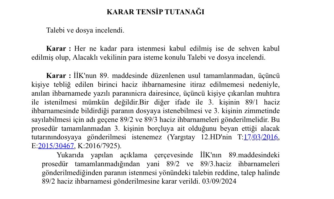 Bankadan para istenilmesi için 89-2 ve 89-3 mü gönderilmesi  mi gerekiyormuş????
Banka borçlunun hesabında  para var diyor. Fakat icra hayır isteyemem çünküsü👇Bu uygulama yeni mi başladı ? <a href="/barolar/">Türkiye Barolar Birliği</a> <a href="/adalet_bakanlik/">T.C. Adalet Bakanlığı</a>
