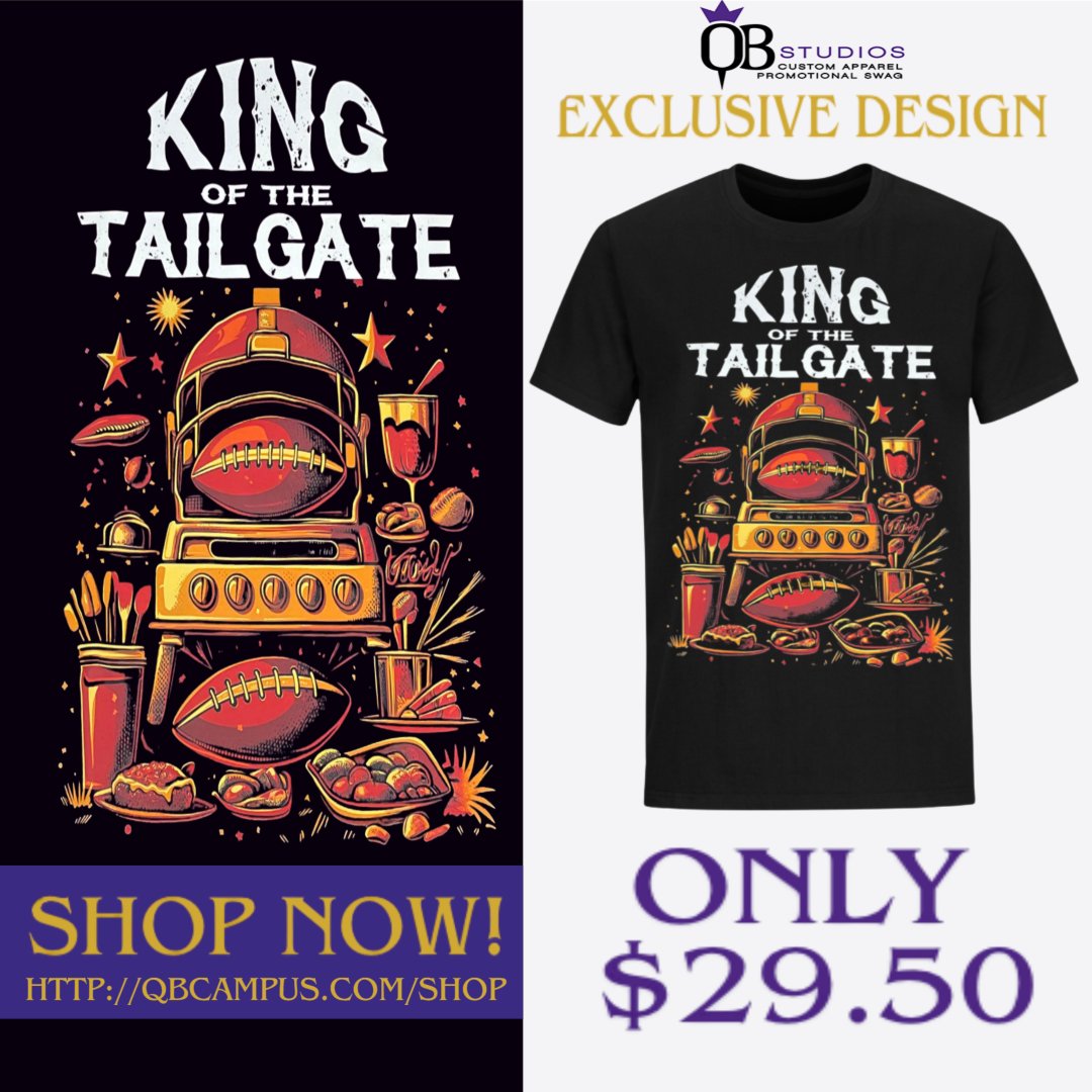 Get ready to rule the lot with our exclusive 'King of the Tailgate' t-shirt! Perfect for grilling, chilling, and showing off your tailgate prowess.
This design is a QB Studios exclusive — you won't find it anywhere else! Grab yours for just $29.50 at qbcampus.com/shop