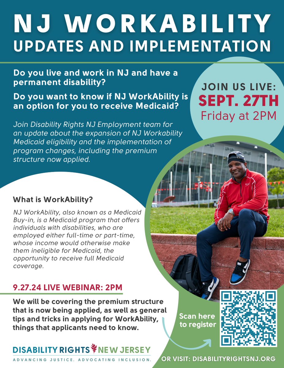 AdvocateDRNJ's tweet image. Join us for a #Workability #Medicaid #webinar 9.27 at2pm. Our Employment Team attorneys and advocates will be sharing #tips and #tricks for applying for the Medicaid program and what you need to know!
Scan the QR code to register or visit us at disabilityrightsnj.org/events.
