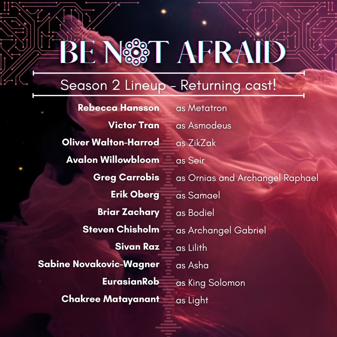 BE NOT AFRAID ꙮ Podcast (@bna_pod) on Twitter photo <a href="/Wireland_Ranch/">Jojo from The Dope Show</a> <a href="/RaeWitteVO/">Rae Witte</a> @LouJSutcliffe <a href="/ROdoesVO/">Rebecca Olivia Hodges</a> <a href="/MarvinsGardenVA/">MarvinsGardenVA</a> Victor Tran as Asmodeus
Oliver Walton-Harrod as ZikZak
@AvalonWillowbl1 as Seir
<a href="/gergcandlestick/">Greg Carrobis</a> as Ornias / Raphael
Erik Oberg as Samael
Briar Zachary as Bodiel
Steven Chisholm as Gabriel
<a href="/RazSivan/">Sivan Raz</a> as Lilith
<a href="/BaronessCos/">BloodyBaronessCos</a> as Asha
EurasianRob as Solomon
Chakree Matayanant as Light <a href="/Wireland_Ranch/">Jojo from The Dope Show</a> <a href="/RaeWitteVO/">Rae Witte</a> @LouJSutcliffe <a href="/ROdoesVO/">Rebecca Olivia Hodges</a> <a href="/MarvinsGardenVA/">MarvinsGardenVA</a> Victor Tran as Asmodeus
Oliver Walton-Harrod as ZikZak
@AvalonWillowbl1 as Seir
<a href="/gergcandlestick/">Greg Carrobis</a> as Ornias / Raphael
Erik Oberg as Samael
Briar Zachary as Bodiel
Steven Chisholm as Gabriel
<a href="/RazSivan/">Sivan Raz</a> as Lilith
<a href="/BaronessCos/">BloodyBaronessCos</a> as Asha
EurasianRob as Solomon
Chakree Matayanant as Light