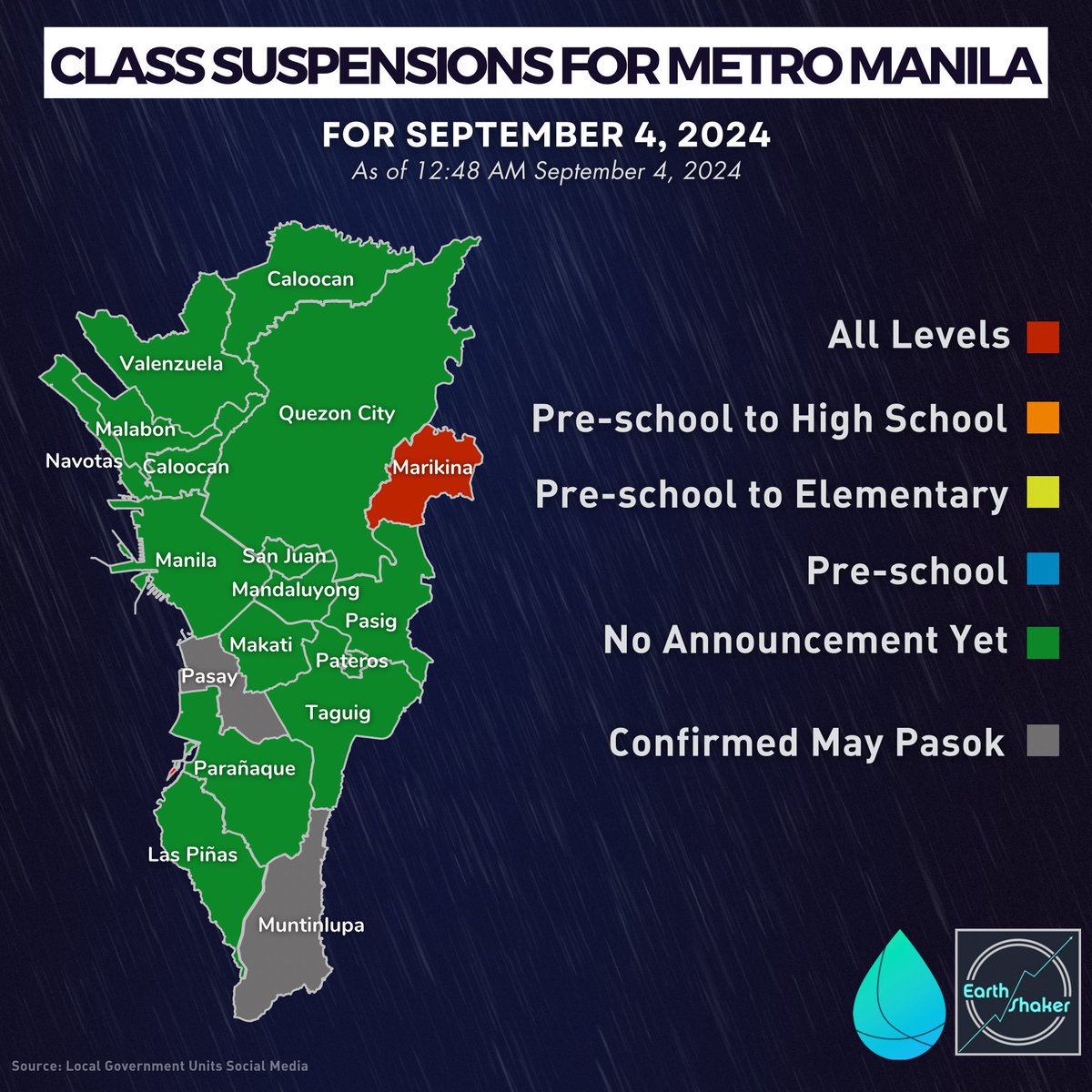 earthshakerph's tweet image. #WalangPasok | Agad na nag-anunsyo na wala pa ring pasok sa lahat ng antas sa Marikina City ngayong Miyerkules (September 4, 2024), bunsod ng enhanced #Habagat na pinalalakas ng #EntengPH. 

Nakataas ngayong 12:15 AM ang 🟠 Orange sa malaking bahagi ng NCR.

--
Map as of 12:48 AM
