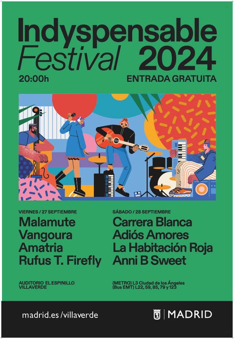 Bienvenidos al Indyspensable de #Villaverde a <a href="/malamutepop/">Malamute</a>, <a href="/Carrerablanca_/">Carrerablanca</a> , <a href="/vangoura_/">vangoura_</a>, <a href="/_adiosamores/">Adiós Amores</a>, <a href="/AmatriaSoy/">Amatria</a>, <a href="/lahabitacionroj/">La Habitación Roja</a>, <a href="/_RufusTFirefly_/">Rufus T. Firefly</a> y <a href="/Annibsweet/">Anni B Sweet</a> 
Viernes 27 y sábado 28 de septiembre, en el Auditorio de El Espinillo.