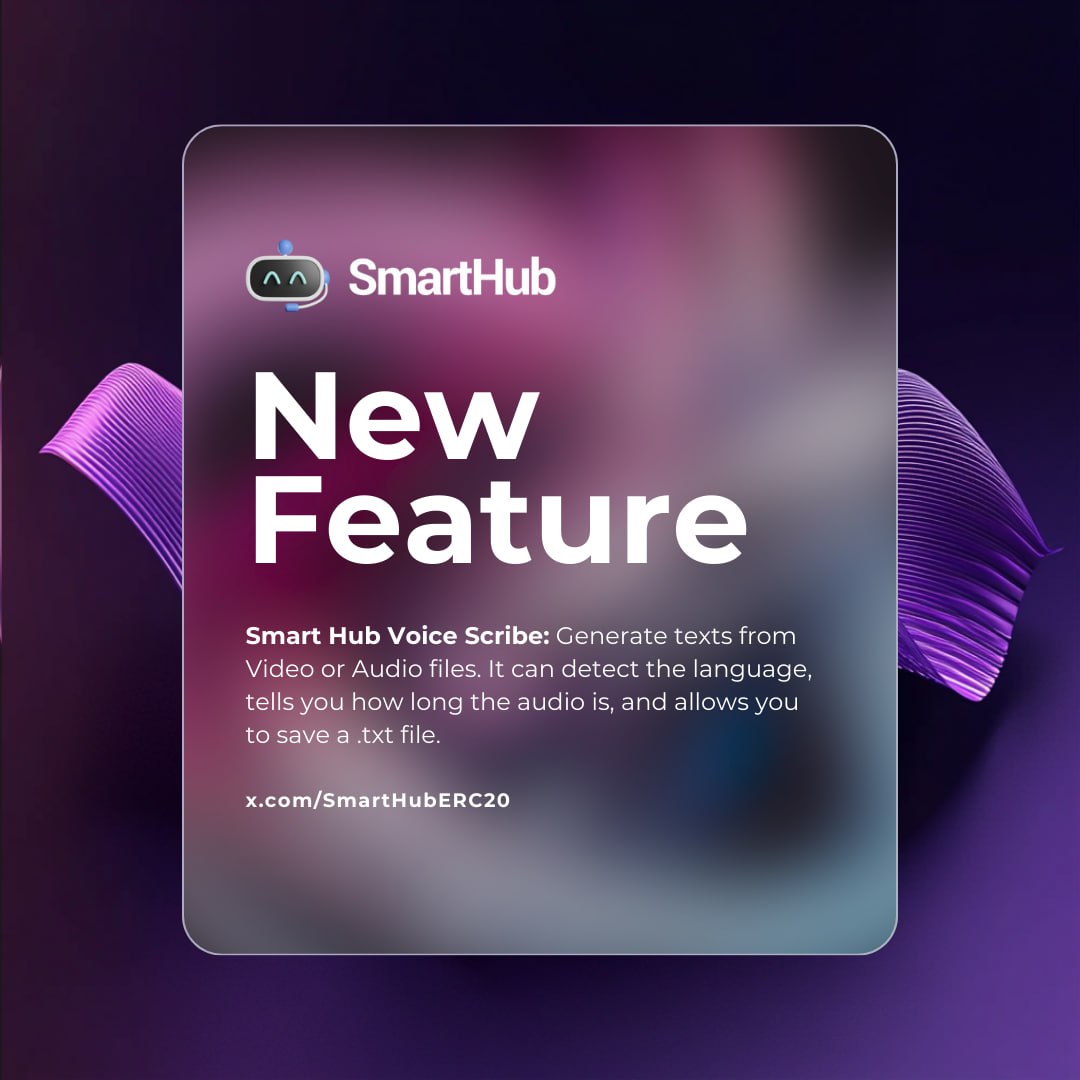 🚀 Exciting News from Smart Hub! 🚀

We're happy to announce a new feature, designed to streamline your workflow and enhance your creative potential:

🆕 Smart Hub Voice Scribe
Tired of long AMAs and meetings? Transform any audio or video file into text with Smart Hub Voice