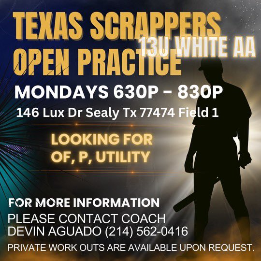 TXSBA 12U AA is looking to fill 3 spots 

TXSBA 13U AA is looking to fill 3 spots 

C, P, Utility 

Give Coach Devin Aguado a 📞 214-562-0416