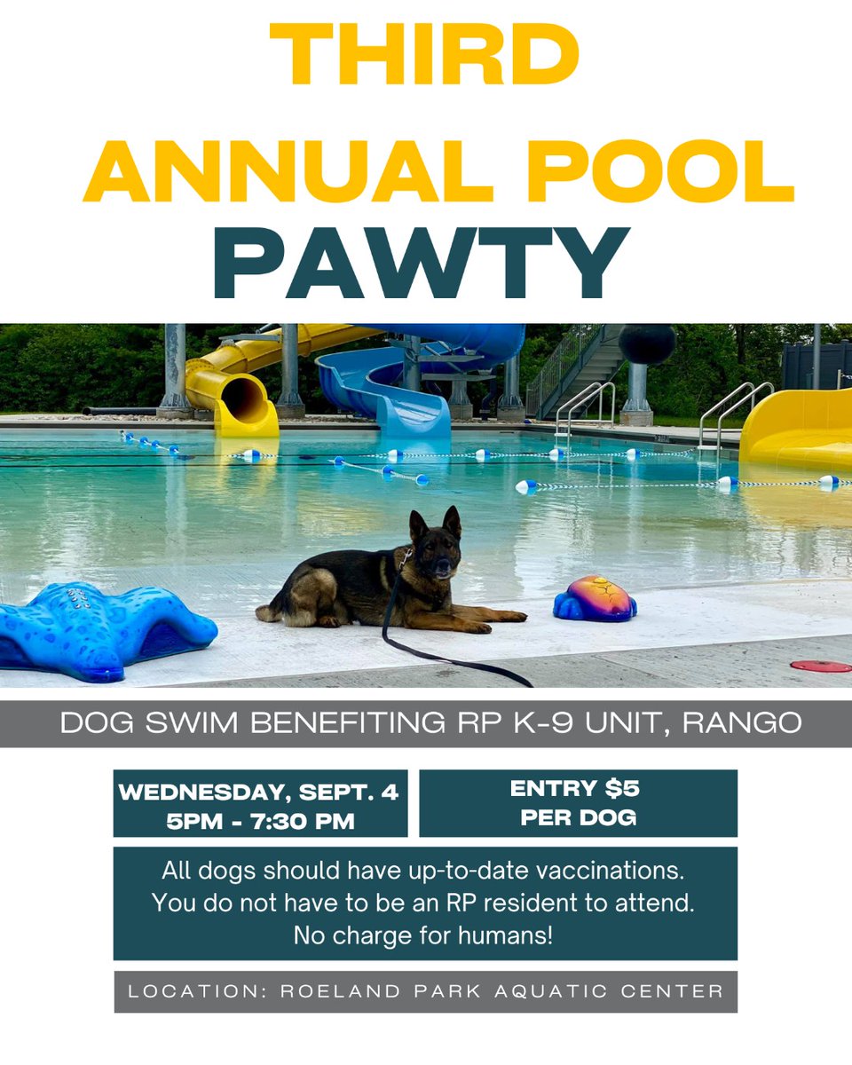 REMINDER! Join us for the 3rd Annual Dog Swim benefiting RP K-9 Unit, Rango! 
🐾 Sept. 4: 5 - 7:30 pm 
🐾 $5 per dog 
🐾 RPAC