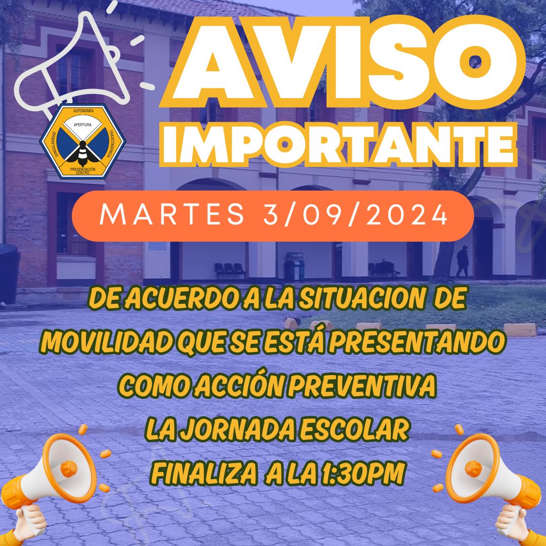 colprecentro's tweet photo. 🔊Aviso Importante
El Colegio de Nuestra Señora de la Presentación-Centro teniendo en cuenta la situación actual de movilidad y como acción preventiva tomo la determinación de finalizar la Jornada escolar a la 1:30pm. https://t.co/hC4ssi35G4