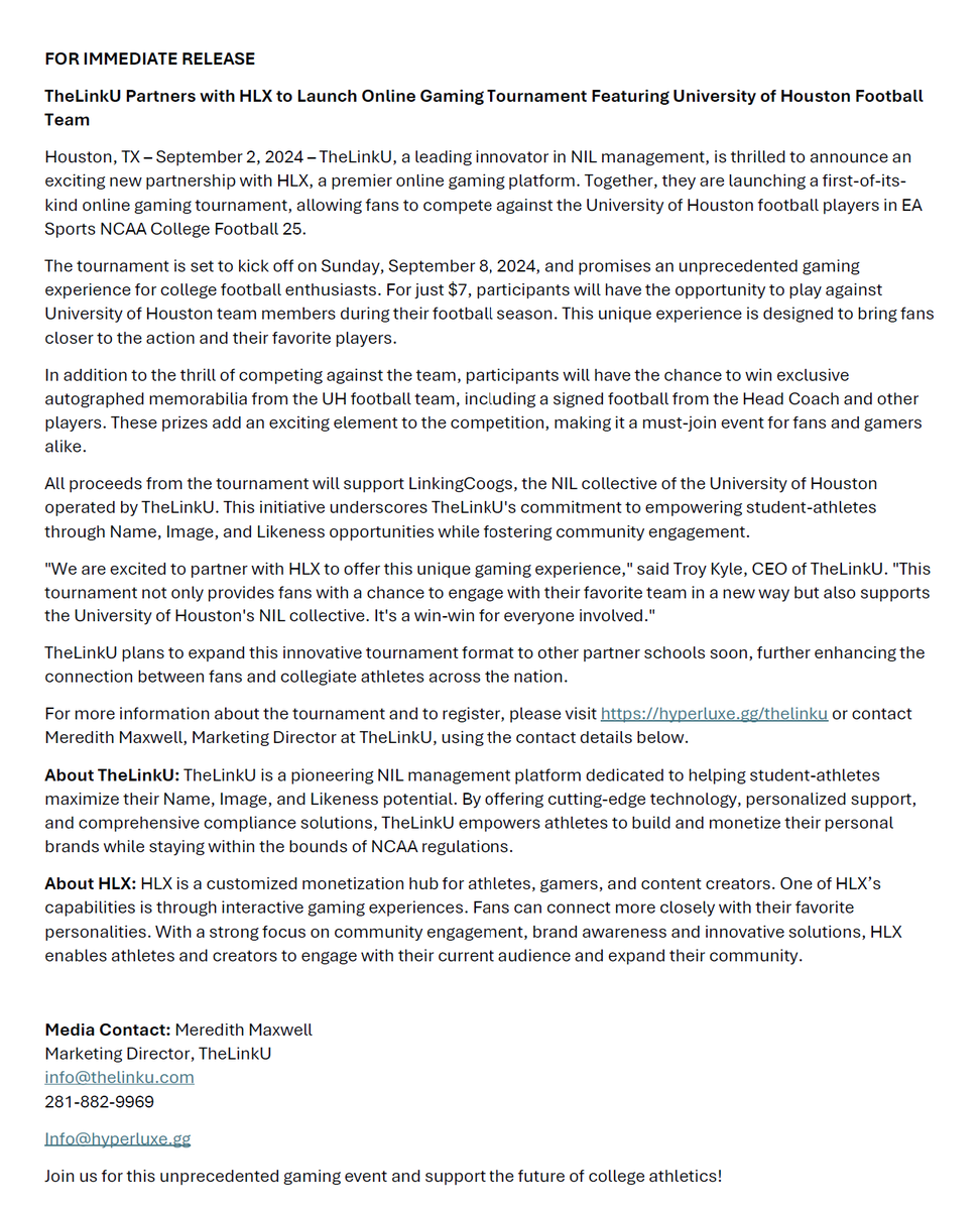 .<a href="/TheLinkUNIL/">TheLinkU</a> is excited to partner with <a href="/HLX_GG/">HLX</a> to launch an online gaming tournament featuring <a href="/UHCougarFB/">Houston Football</a> players via <a href="/linkingcoogs/">LinkingCoogs</a>. This tournament is first-of-its-kind allowing fans to play directly against athletes. For more information - hyperluxe.gg/thelinku