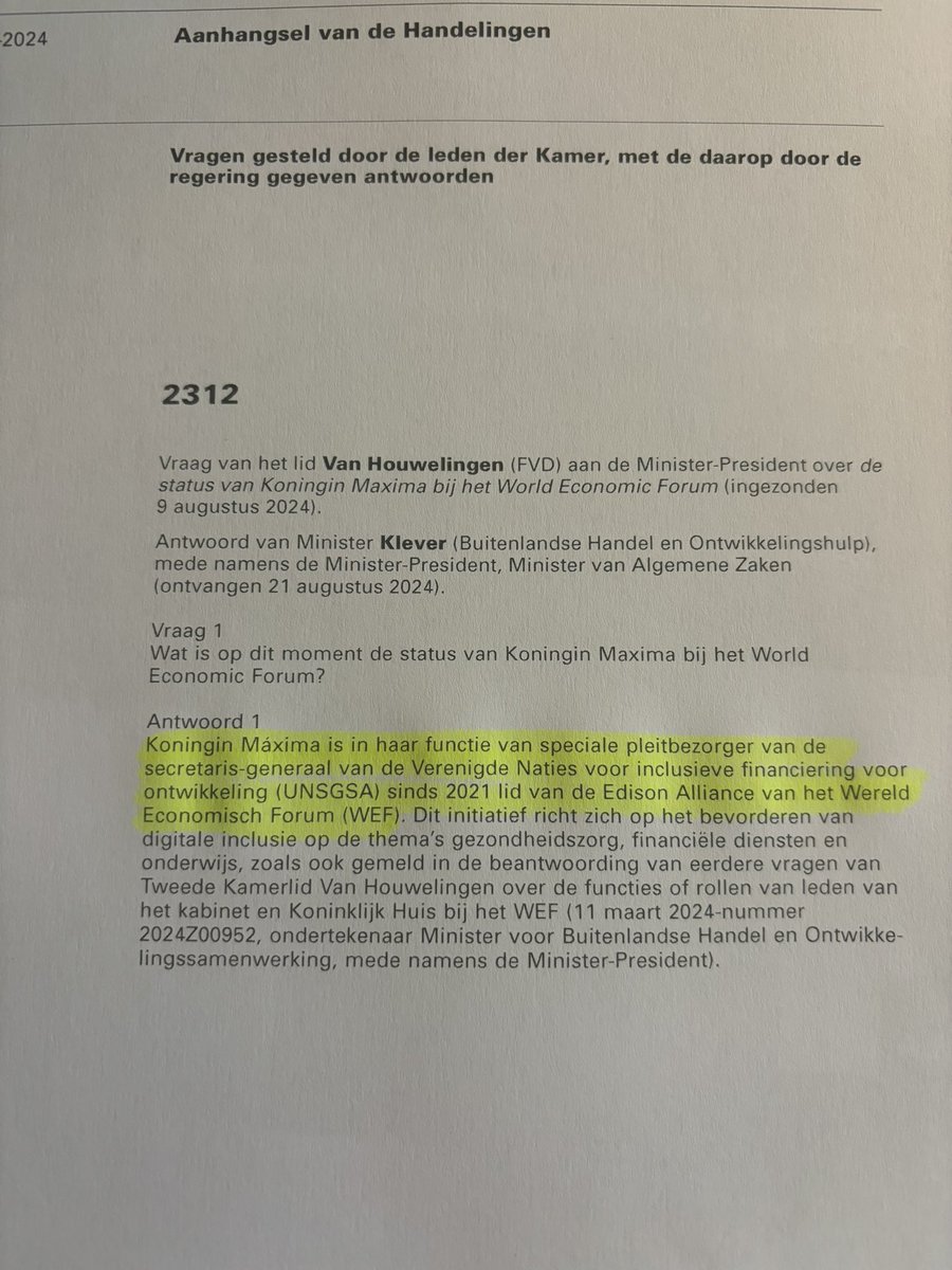 Koningin Máxima is nog steeds actief voor het World Economic Forum laat minister Klever weten: