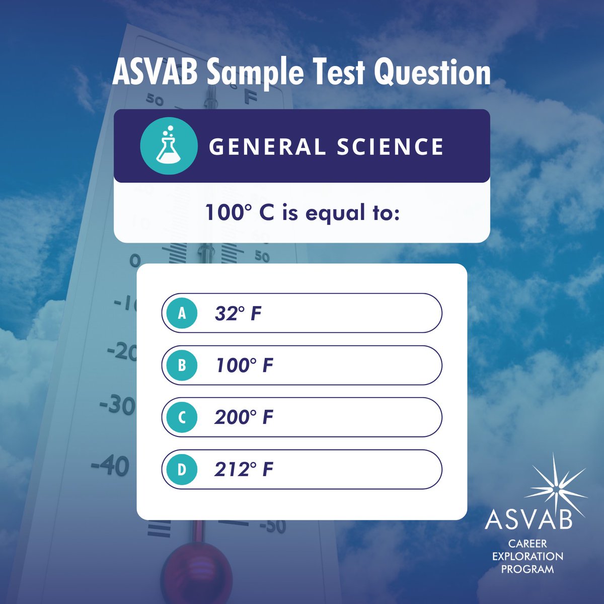 CareersintheMil's tweet image. Let’s turn up the temperature on your science knowledge! 🌡️

Can you keep your cool and get it right? 😎 Drop your answer in the comments and let’s see who’s hot on the trail of the correct answer!

See more sample test questions here &amp;gt; &amp;gt; &amp;gt; ow.ly/MjnU50Tb751

#TQT #ASVABCEP