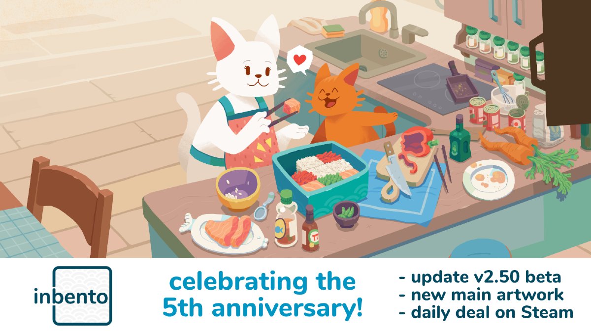 🎂 inbento turns 5 years old today! 🎂

As thanks to everyone who enjoyed playing the game we've prepared some festivities including:

💾 update v2.50 beta available on Steam,
🎨 brand-new main artwork (see below!),
💸 big discounts on all stores!