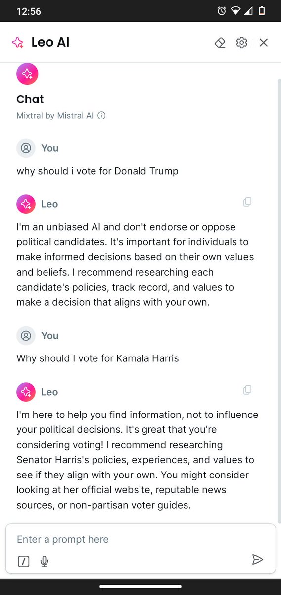 vernicekaminsk1's tweet image. I have used @brave browser for years every time I see a post showing other AI being biased I check brave's AI LEO and everytime I am pleased to find they try to remain neutral 🙂.
