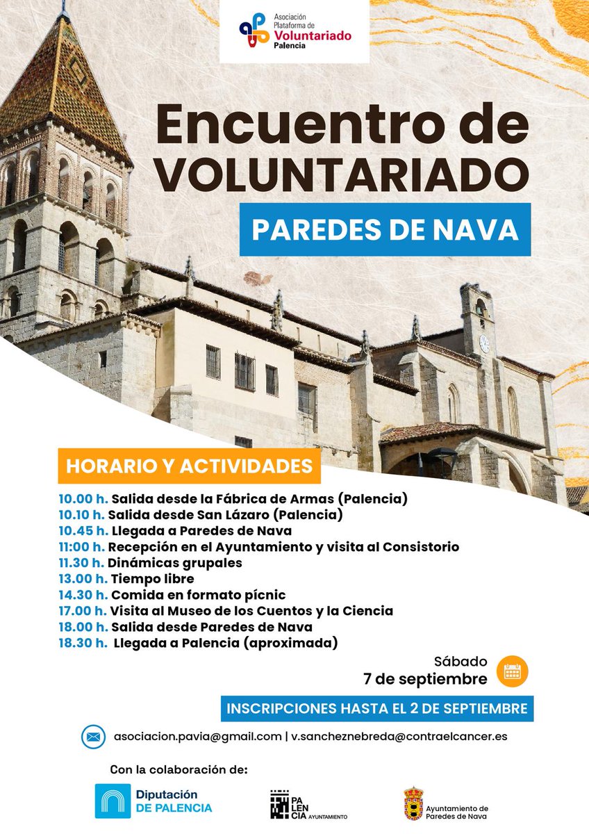 PlatVolPalencia's tweet photo. Para despedir el verano y que la vuelta se nos haga más amena y motivante, desde la Plataforma del voluntariado hemos organizado  un "Encuentro de voluntariado" en Paredes de Nava. 
Os adjuntamos el cartel para que podáis tener los horarios y actividades.
Nos vemos el sábado 😉 https://t.co/1Xx9xGiOoV