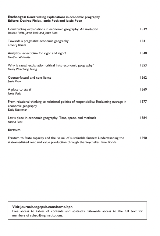 EPA: Economy and Space (@economyandspace) on Twitter photo Environment and Planning A: Economy and Space Vol. 56, No. 5 is now available online! It features a special exchanges section on "constructing explanations in economic geography", edited by @FieldsDesiree, <a href="/outtaKimbo/">Jamie Peck</a>, and Jessie Poon. Link and ToC below:
journals.sagepub.com/toc/epna/56/5 Environment and Planning A: Economy and Space Vol. 56, No. 5 is now available online! It features a special exchanges section on "constructing explanations in economic geography", edited by @FieldsDesiree, <a href="/outtaKimbo/">Jamie Peck</a>, and Jessie Poon. Link and ToC below:
journals.sagepub.com/toc/epna/56/5