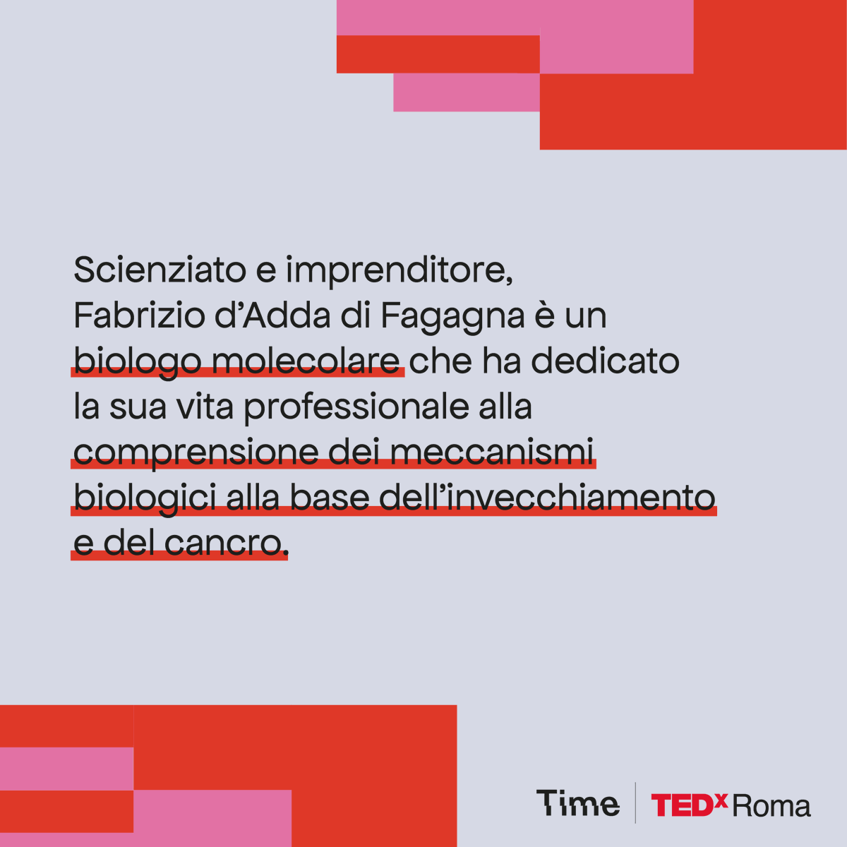 TEDxRoma's tweet photo. FABRIZIO D’ADDA DI FAGAGNA sarà al TEDxROMA 2024!

Scienziato, team leader ed imprenditore, dedica la sua professione alla comprensione dei meccanismi biologici alla base dell'invecchiamento cellulare.
@FdAdF66 

🎟️Unisciti al nostro viaggio nel tempo ➡️ https://t.co/4TXkRCy4lP https://t.co/BmRSq8aBAg