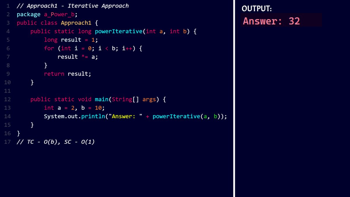 45NitinVerma's tweet image. 🚀 Just explored two approaches to calculate a^b in #DSA ! 🔢
1️⃣ Iterative Approach:
- Time : O(b)
- Space : O(1)
2️⃣ Fast Exponentiation:
- Time : O(log b)
- Space : O(1)
Which would you choose?
#CodingEfficiency #LearningJourney #Java #CodingChallenge
