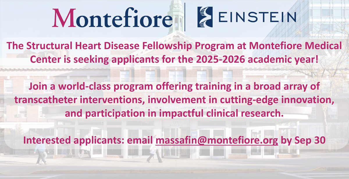 Manaf Assafin (@m_assafin) on Twitter photo Applications being accepted for the <a href="/MonteHeart/">Montefiore Heart</a> Structural Heart Interventional Fellowship for the 2025 academic year!
Applicants who have completed interventional training are encouraged to apply
Send CV + LORs to massafin@montefiore.org
<a href="/azeemlatib/">Azeem Latib</a> <a href="/EdwinHoMD/">Edwin Ho</a> <a href="/AndreaScotti21/">Andrea Scotti</a> Applications being accepted for the <a href="/MonteHeart/">Montefiore Heart</a> Structural Heart Interventional Fellowship for the 2025 academic year!
Applicants who have completed interventional training are encouraged to apply
Send CV + LORs to massafin@montefiore.org
<a href="/azeemlatib/">Azeem Latib</a> <a href="/EdwinHoMD/">Edwin Ho</a> <a href="/AndreaScotti21/">Andrea Scotti</a>