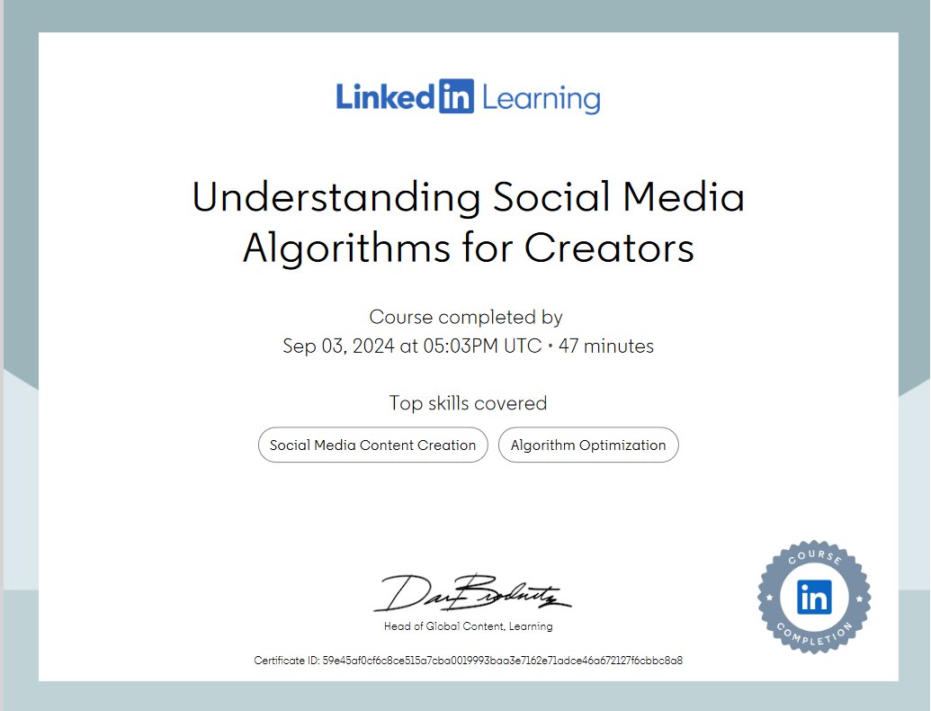TeenainToronto's tweet image. I just did "Understanding Social Media Algorithms for Creators" with #LinkedInLearning (free access to their courses if you have a @torontolibrary card). Interesting to learn how the social media platforms prioritize content. #socialmediacontentcreation #algorithmoptimization