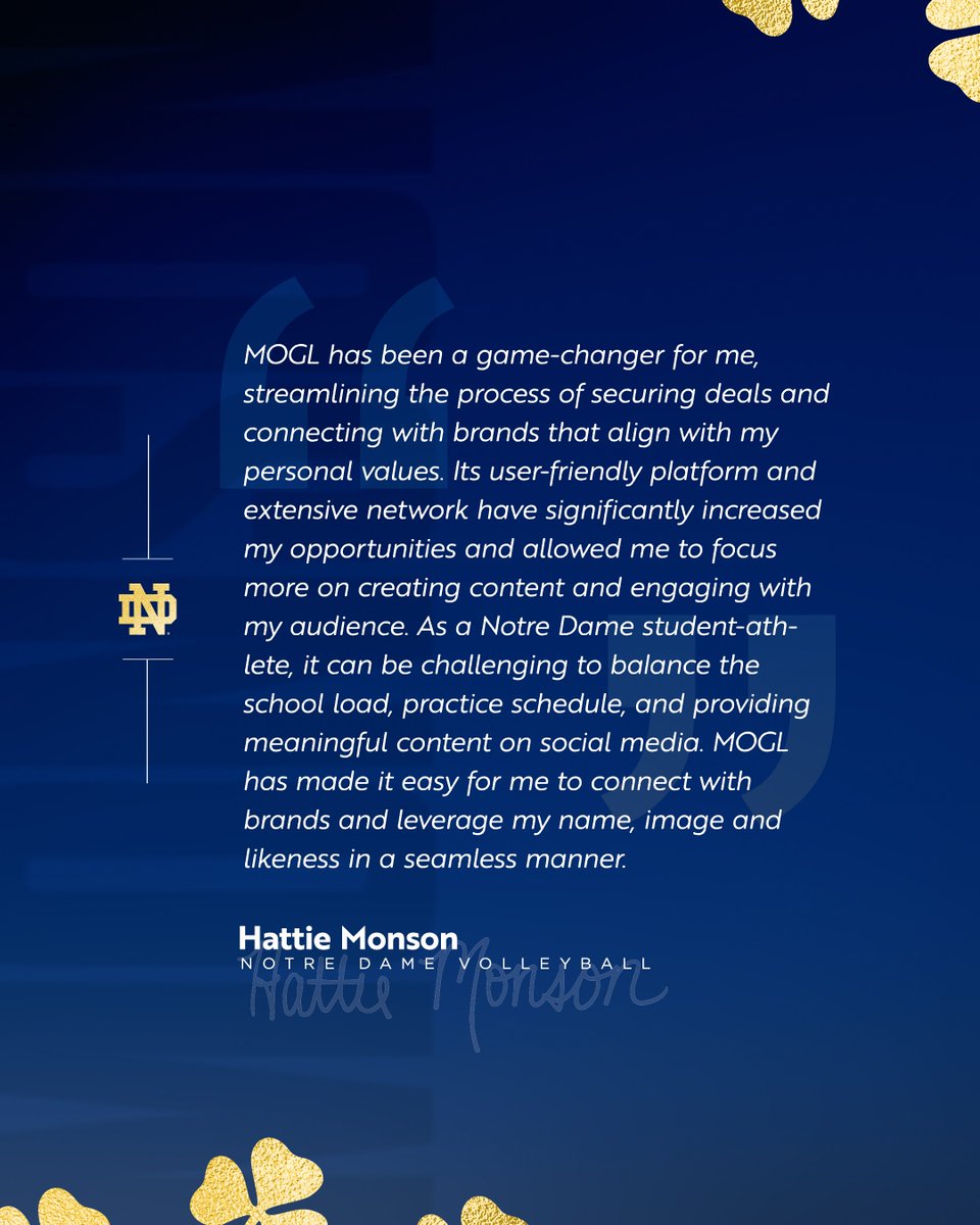 Building brand and maximizing opportunities. 

☘️ FightingIrish.com/4ForForever | powered by <a href="/TheMOGLApp/">MOGL</a>

#GoIrish | <a href="/hattiemonson_/">Hattie Monson</a>
