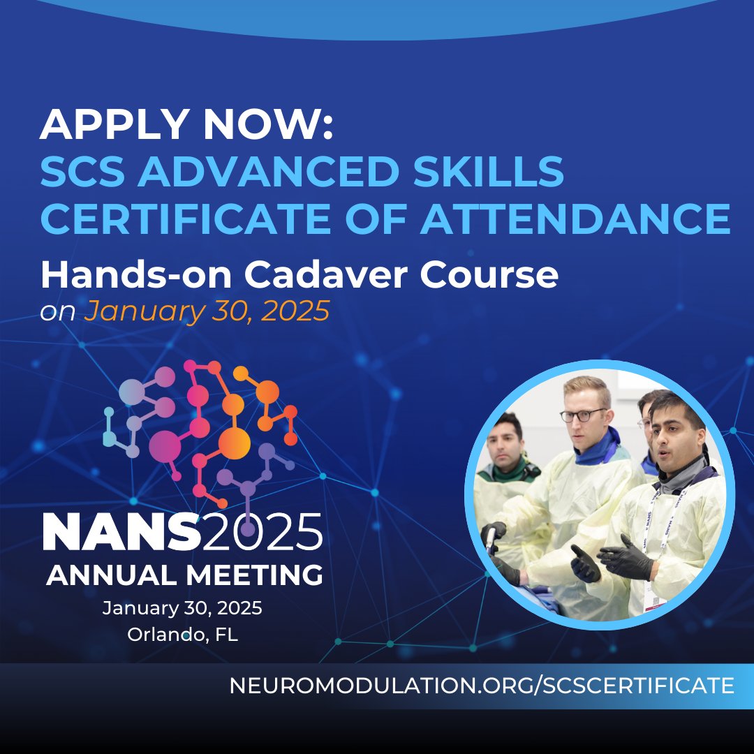 NANS_ION's tweet photo. The SCS Advanced Skills Certificate has limited spots at #NANS25. Register today to solidify your SCS knowledge, technical skills and gain operational efficiencies that will help you in your practice.
Learn more and register: https://t.co/F9nAF32BFn
#MedEd #CadaverCourse https://t.co/3a6q9voVh3