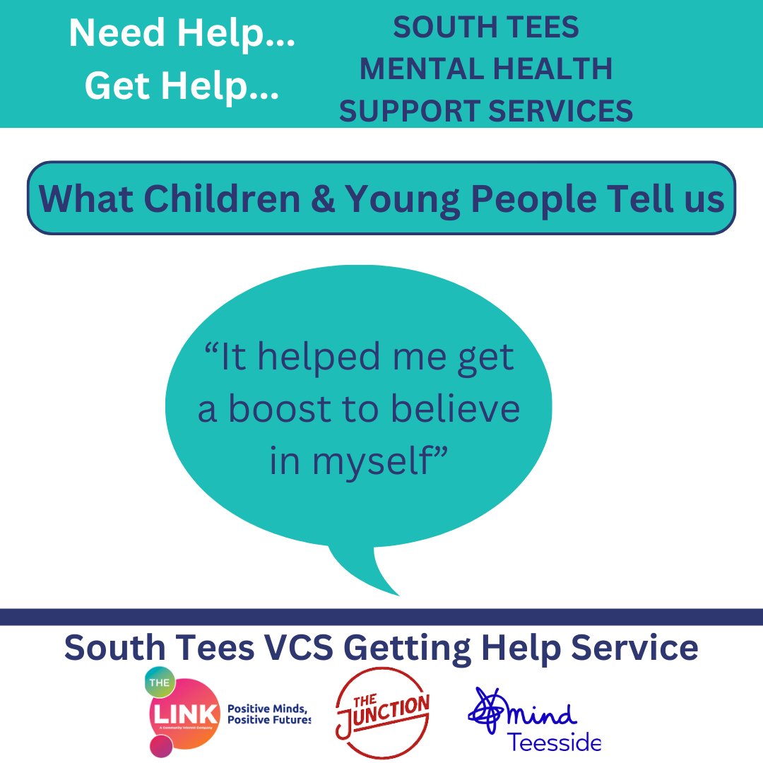 TheLink_Redcar's tweet image. The South Tees VCS Getting Help Service is made up of voluntary and community sector providers working in collaboration. The aim is to respond to mental health difficulties at the earliest opportunity. Here's what Children and Young People tell us..
#GettingHelp #SouthTeesVCS