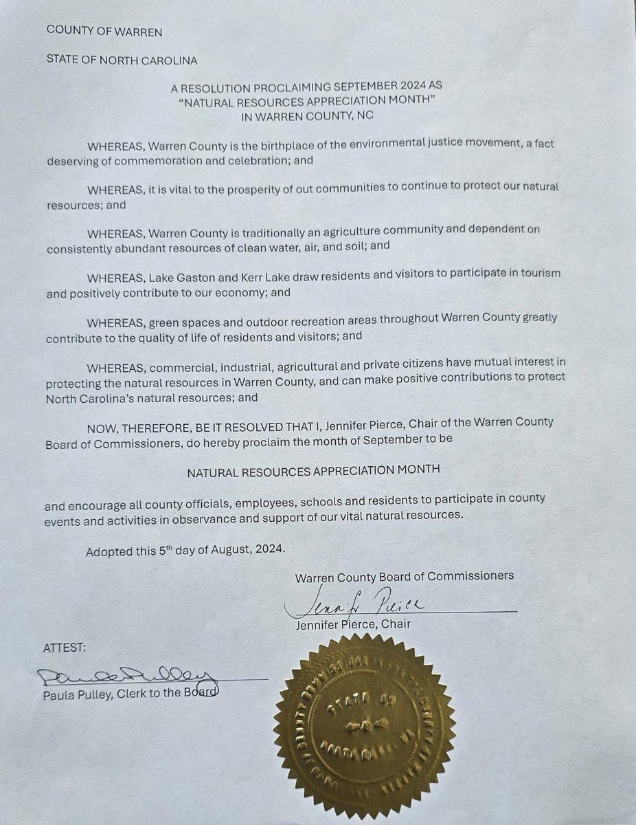 We thank the Warren County Board of Commissioners for their Resolution Proclaiming September 2024 as "Natural Resources Appreciation Month" in Warren County, NC, the Birthplace of the Environmental Justice Movement.