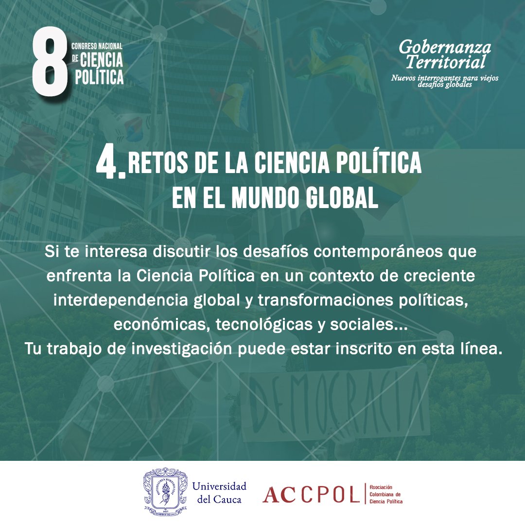 Accpol1's tweet photo. 🌍 ¡Nos volvemos a encontrar en los auditorios! 🌍
Fecha:  Desde el 30 de octubre hasta 01 de noviembre
Lugar: Universidad del Cauca 
Organiza: Asociación Colombiana de Ciencia Política #ACCPOL https://t.co/3m9WQY1NPO