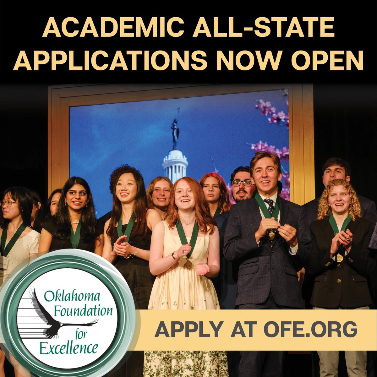 Academic All-State applications are now open! This award is presented to just 100 Oklahoma public high school seniors annually.

To learn more about application criteria or apply, visit loom.ly/DpkIdUk  #oklaed #ofeawards