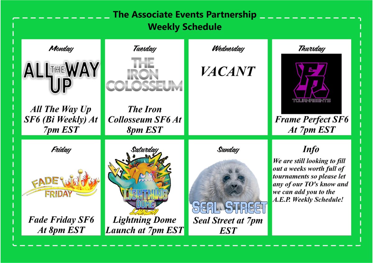 LightningDome's tweet image. 4 HYPE EVENTS THIS WEEK!
@FramePerfectFGC THIS THURSDAY AT 7PM EST!
@GenjiGNoRe WITH FADE FRIDAY AT 8PM EST!
@LightningDome LAUNCH THIS SATURDAY AT 7PM EST!
AND OUR NEW Associate Events Partner @2xyoshiexploshi WITH SEAL STREET THIS SUNDAY AT 7PM EST! 
LETS GET READY TO RUMBLE!👊