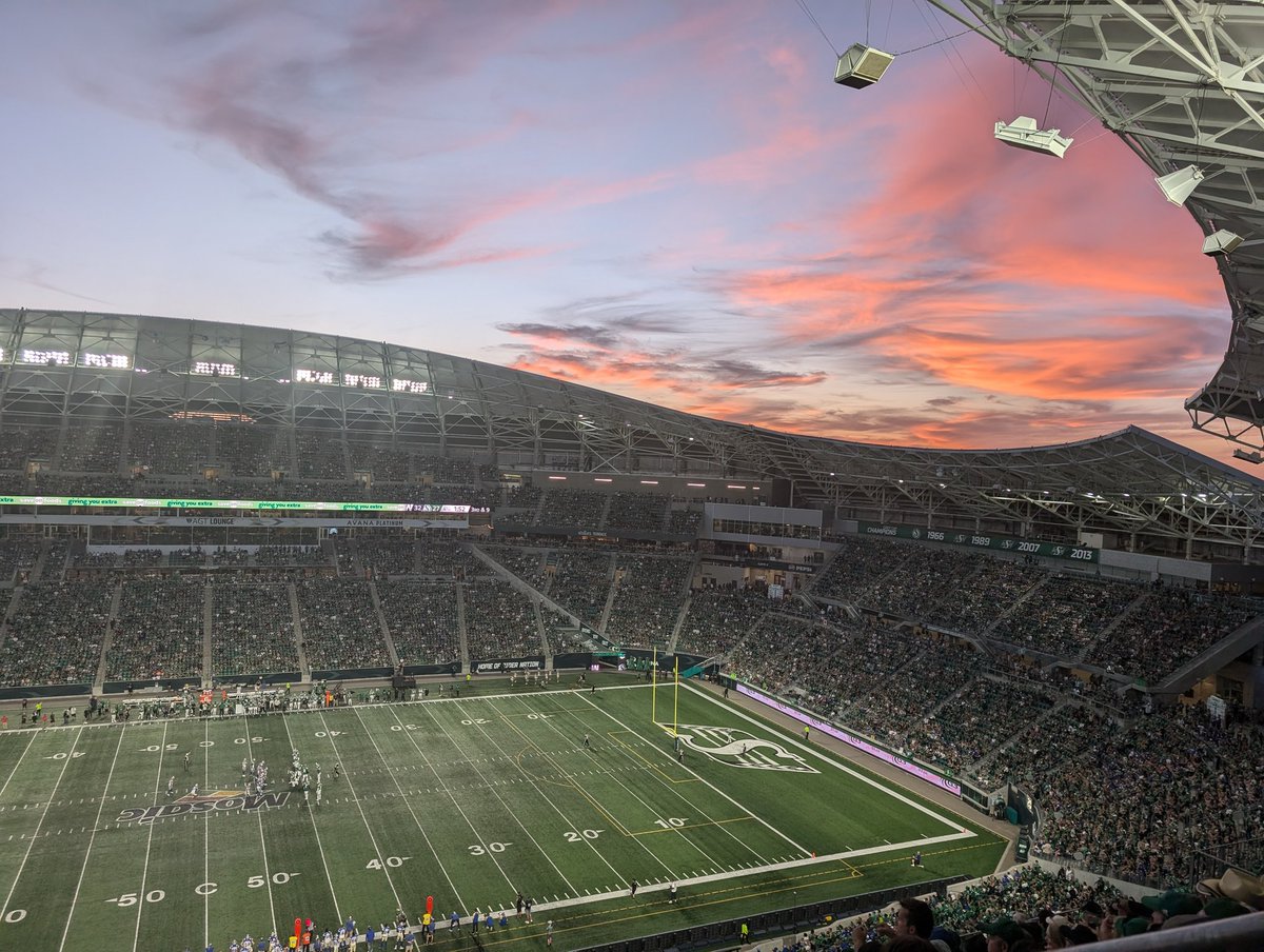 JamesWaugh's tweet photo. What a beautiful view from Mosaic Stadium during the Labour Day Classic! #mosaicstadium #riders #LDWeekend #roughriders https://t.co/MIKqVnw0d9